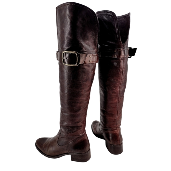 RUSTIC "Clancy" DISTRESSED REDDISH BROWN OVER KNEE BOOTS STRAPPED w BUCK… - Picture 5 of 13